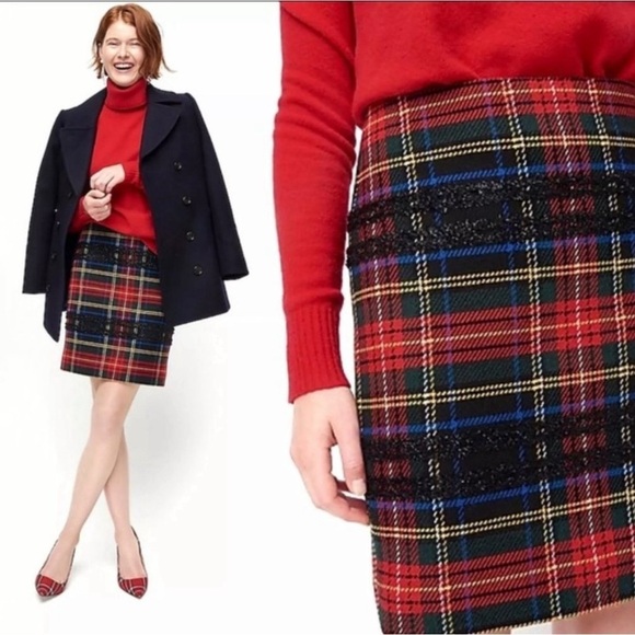 J. Crew Holiday Lurex Pencil Mini Skirt Stewart Tartan Plaid, women’s size 4 - Picture 2 of 11